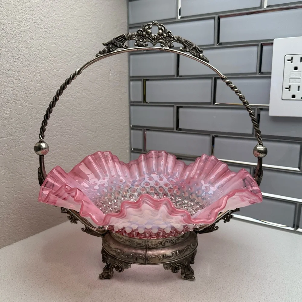 Vintage Bride's Basket Fenton Pink Hobnail Ruffled Bowl with Metal Holder
